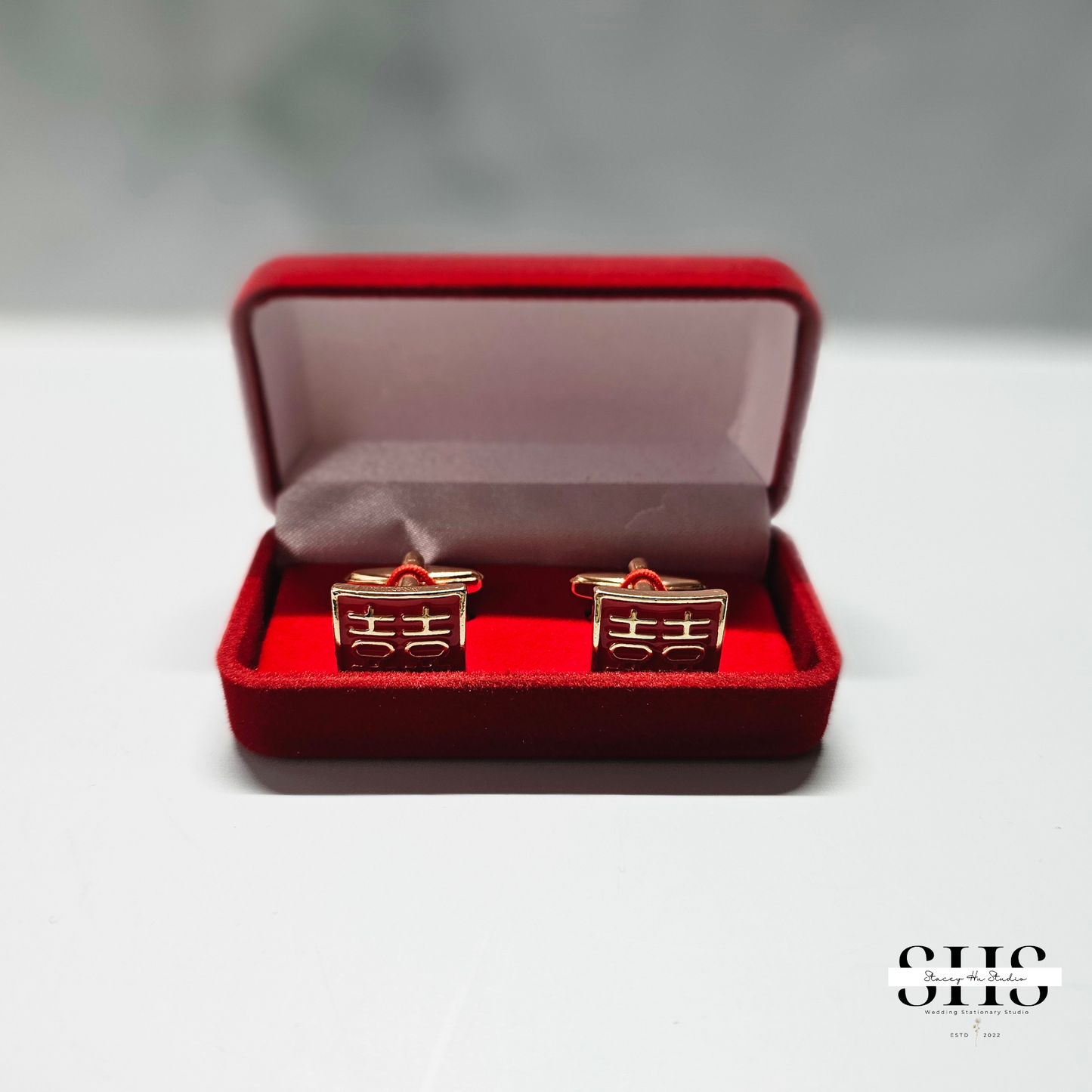 Square Double Happiness Cufflinks | Gold with Red Enamel