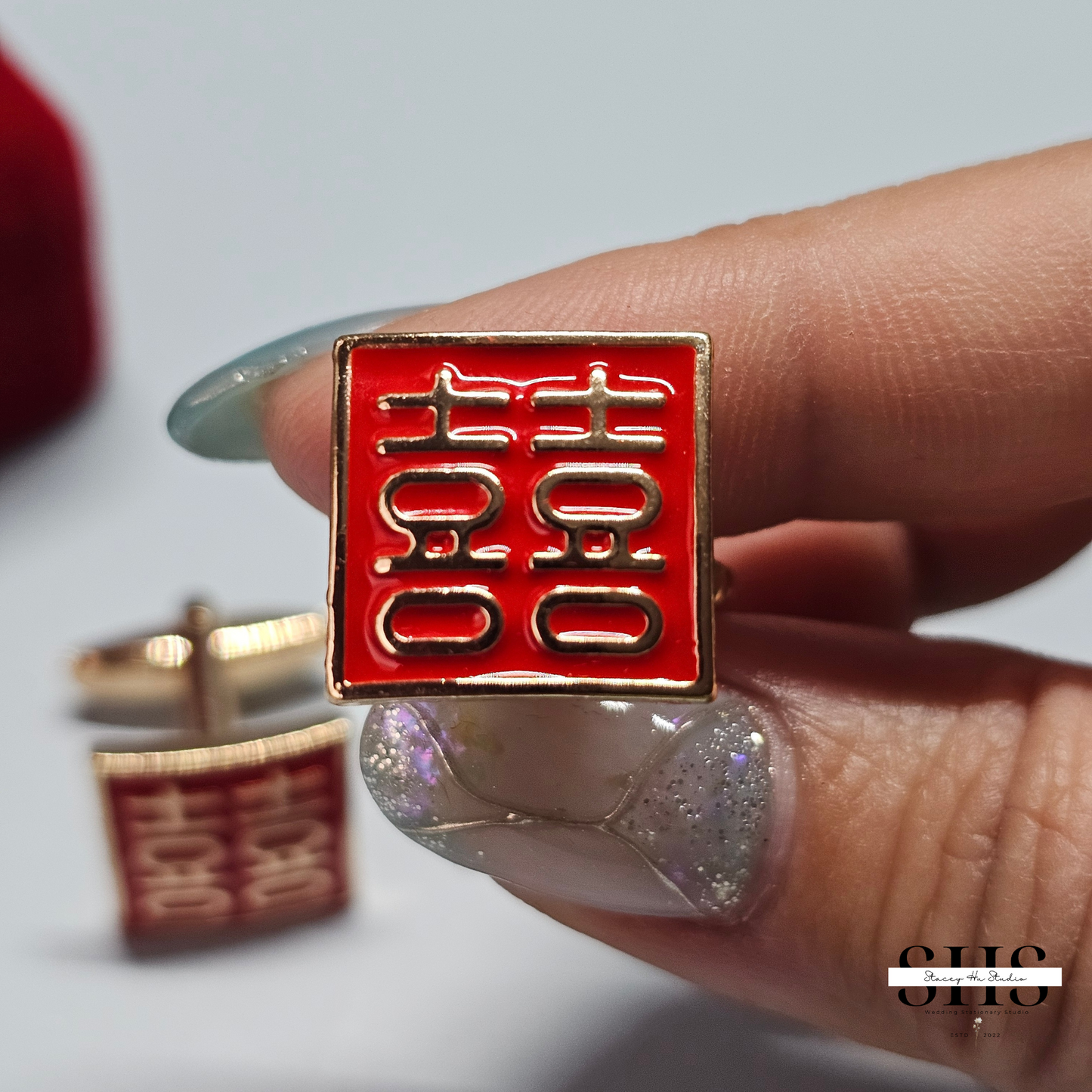 Square Double Happiness Cufflinks | Gold with Red Enamel