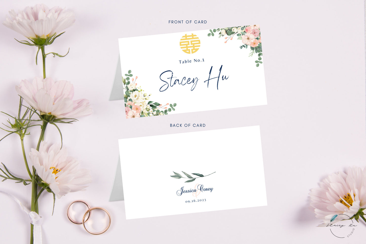 Blush Ivory and Navy Simple Floral Place Card | 3.5x4 IN