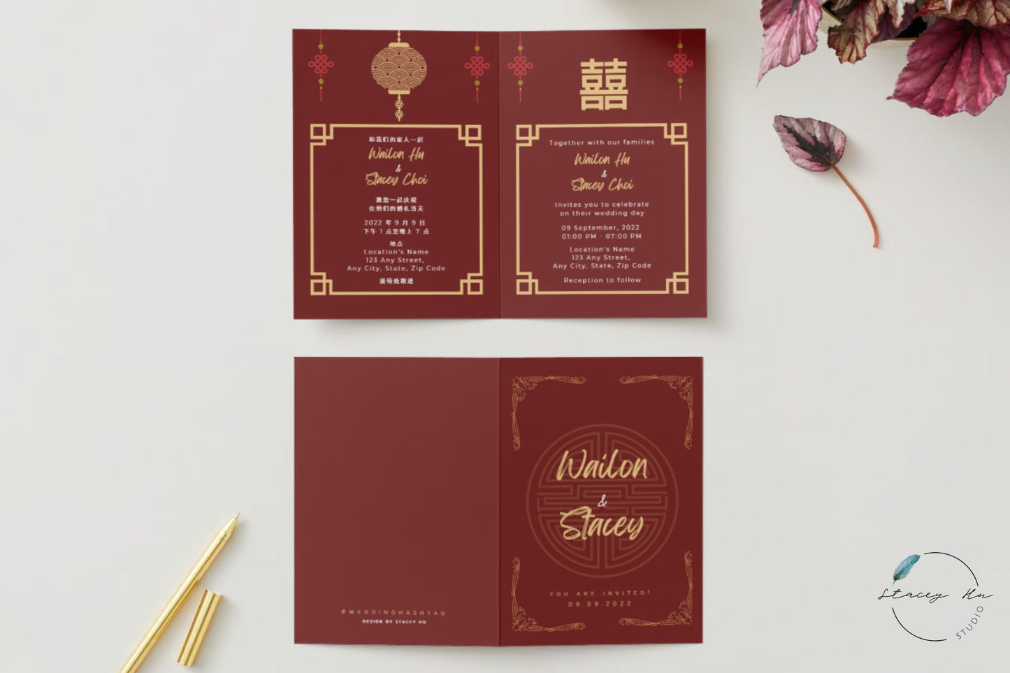 Burgundy and Gold Asian Wedding Folded Invitation Card | Modern Chinese & English | 5x7 IN