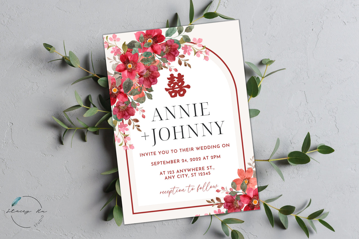 Cream and Red Floral Wedding Invitation Set | Traditional Chinese & English | 5x7 IN