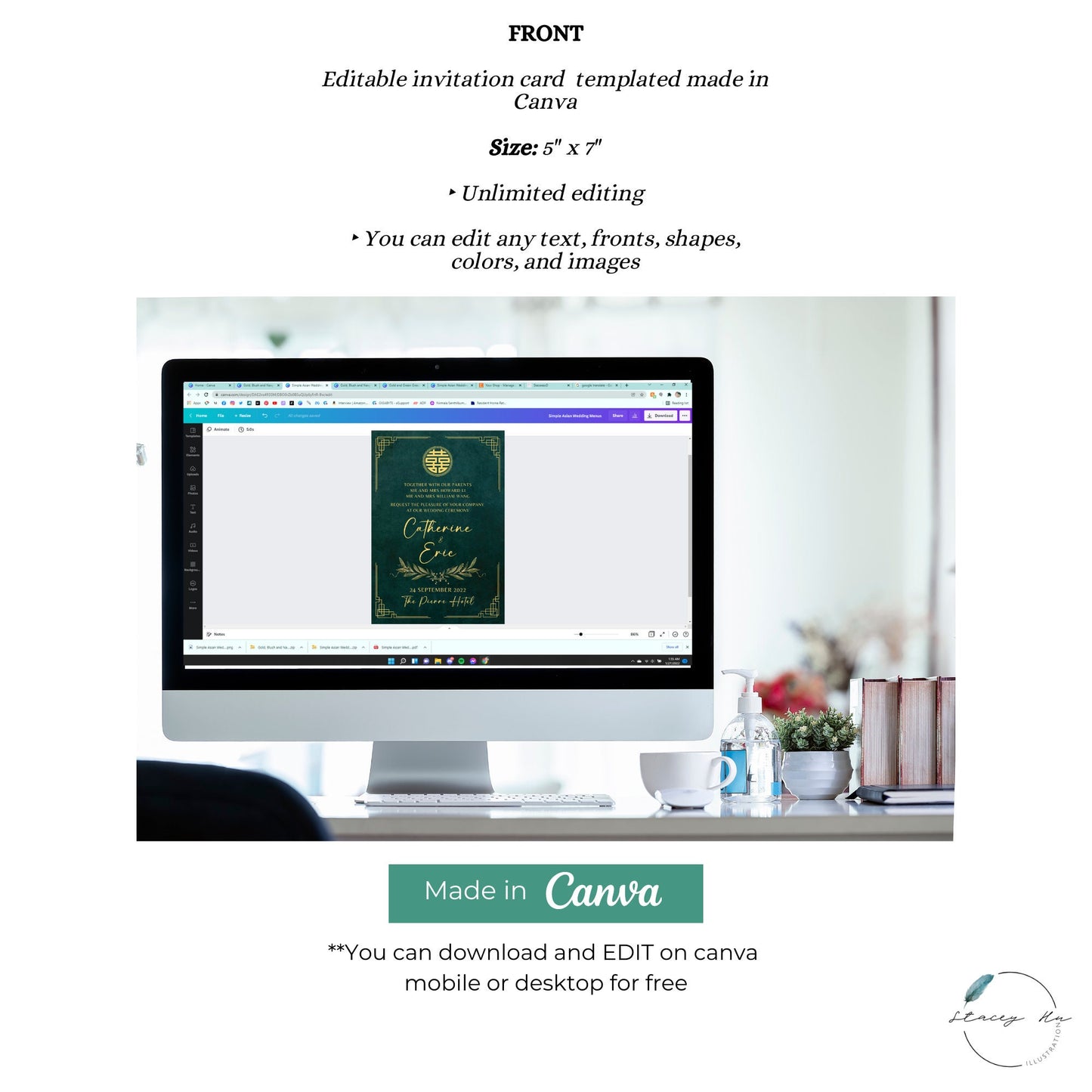 Emerald and Gold Wedding Invitation Card Set | Traditional Chinese & English | 5x7 IN