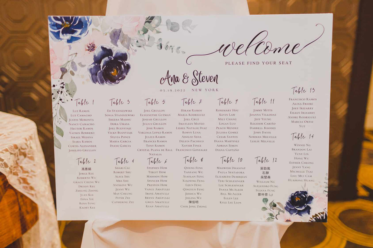 Gold Blush and Navy Floral Wedding Seating Chart Sign | Landscape | 18x24