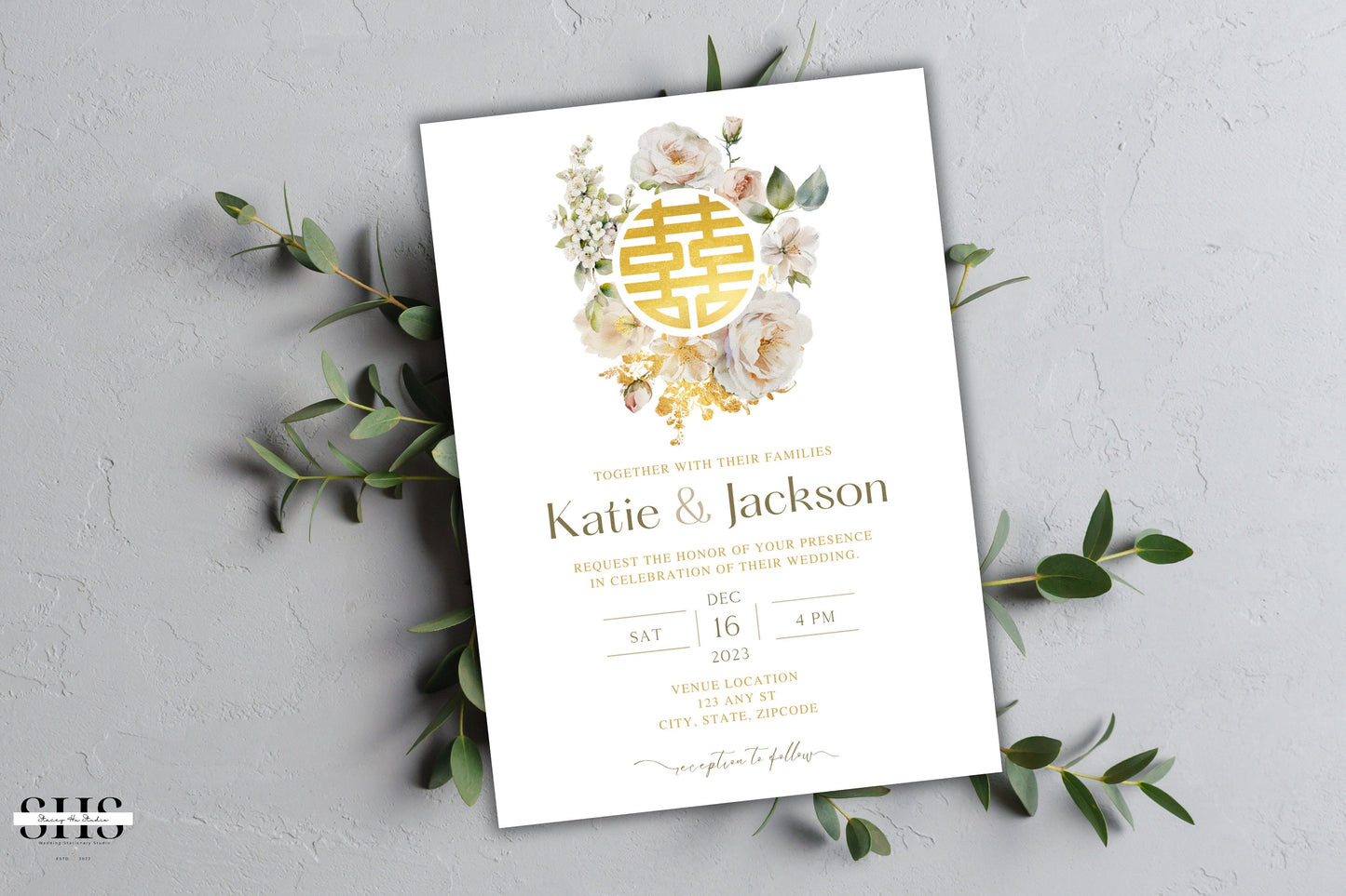 Ivory and Gold Floral Wedding Invitation Set | Traditional Chinese & English | 5x7 IN