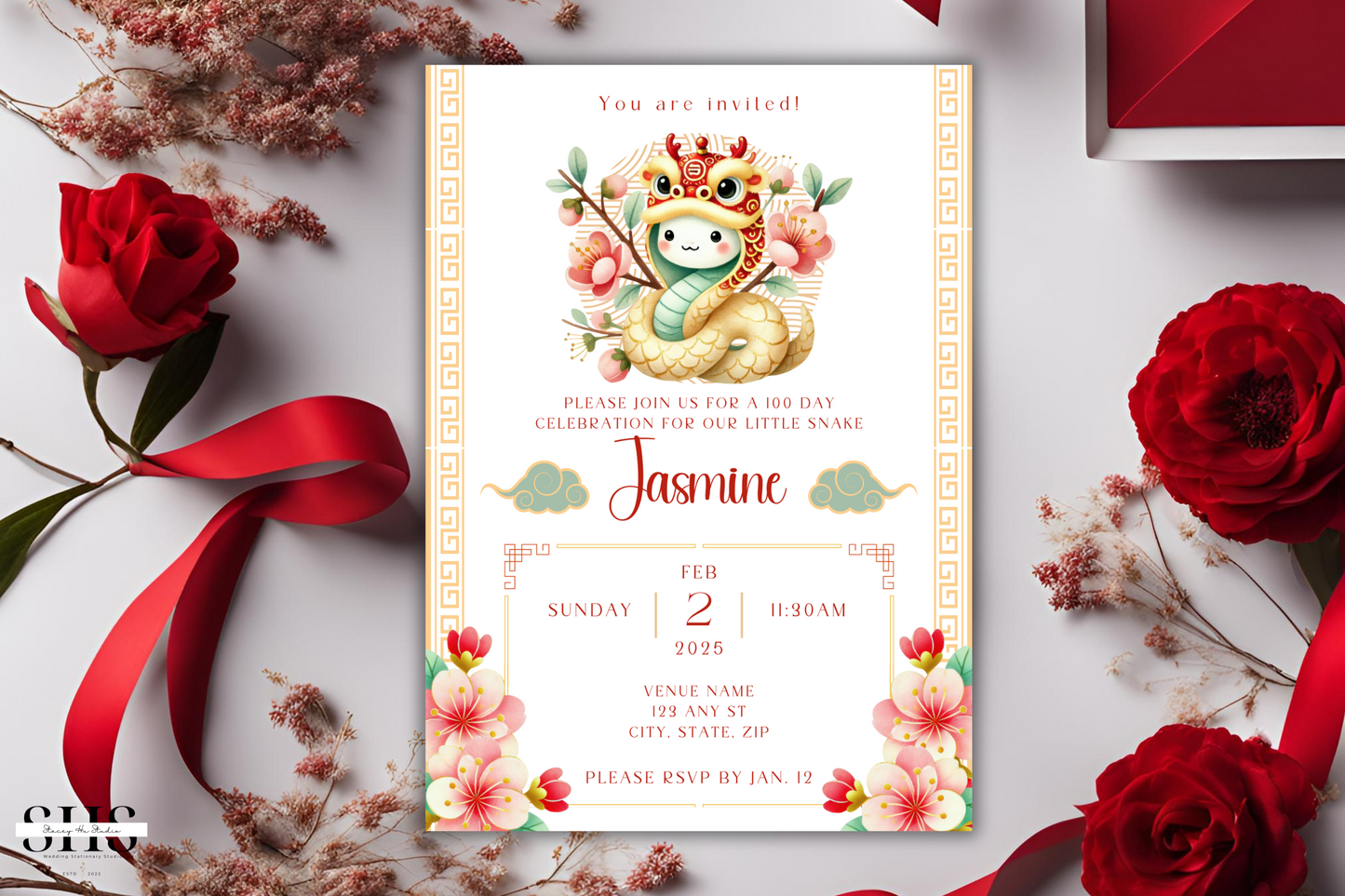Little Snake 100 Day Celebration Invitation Card 2025 | Red Egg & Ginger Party | 5x7