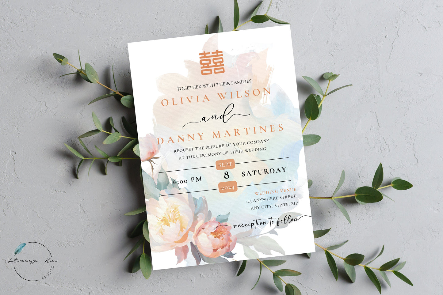 Lush Peony Garden Wedding Invitation Set | Traditional Chinese & English | 5x7 IN