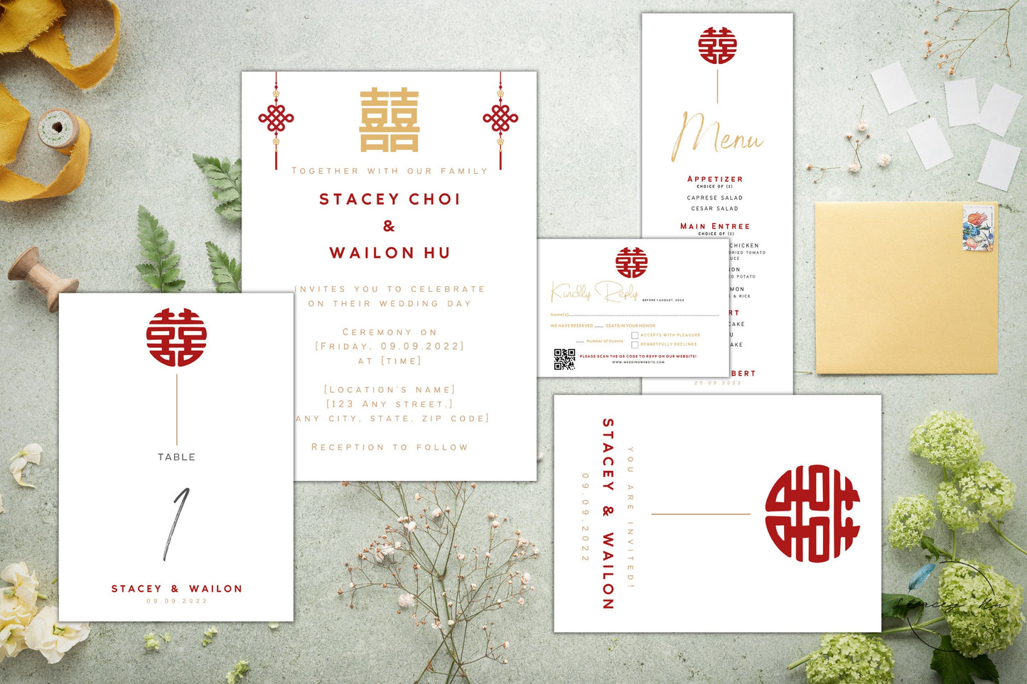 Minimal Asian Wedding Invitation Set | Traditional Chinese & English | 5x7 IN