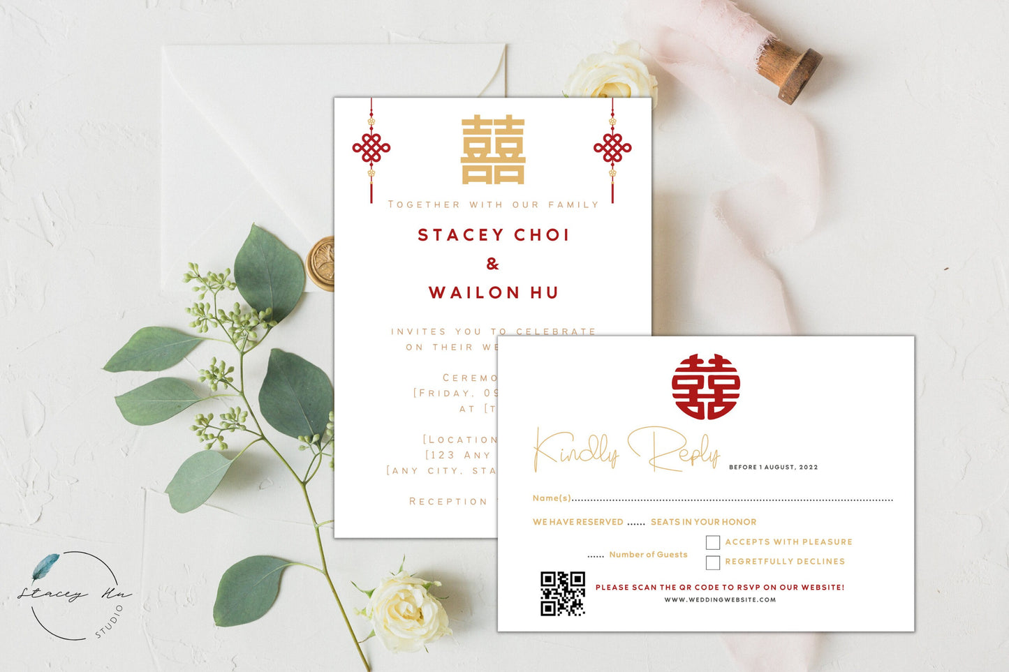 Minimal Asian Wedding Invitation Set | Traditional Chinese & English | 5x7 IN