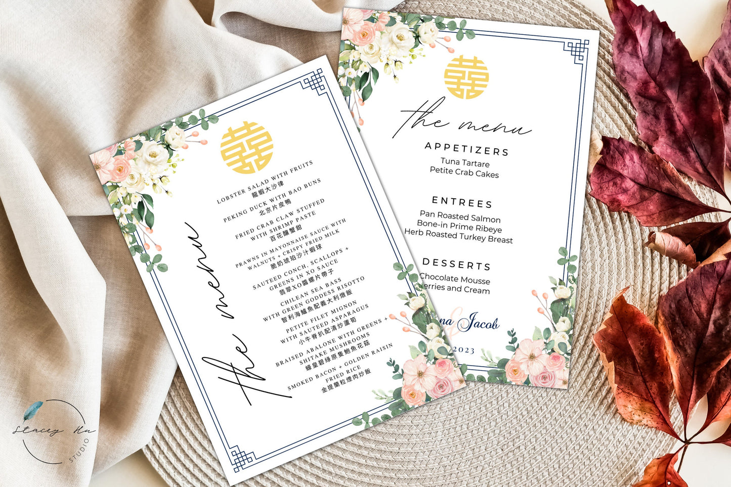 Navy Ivory and Blush Floral Menu Set | Chinese Banquet & Plated | 5x7 IN