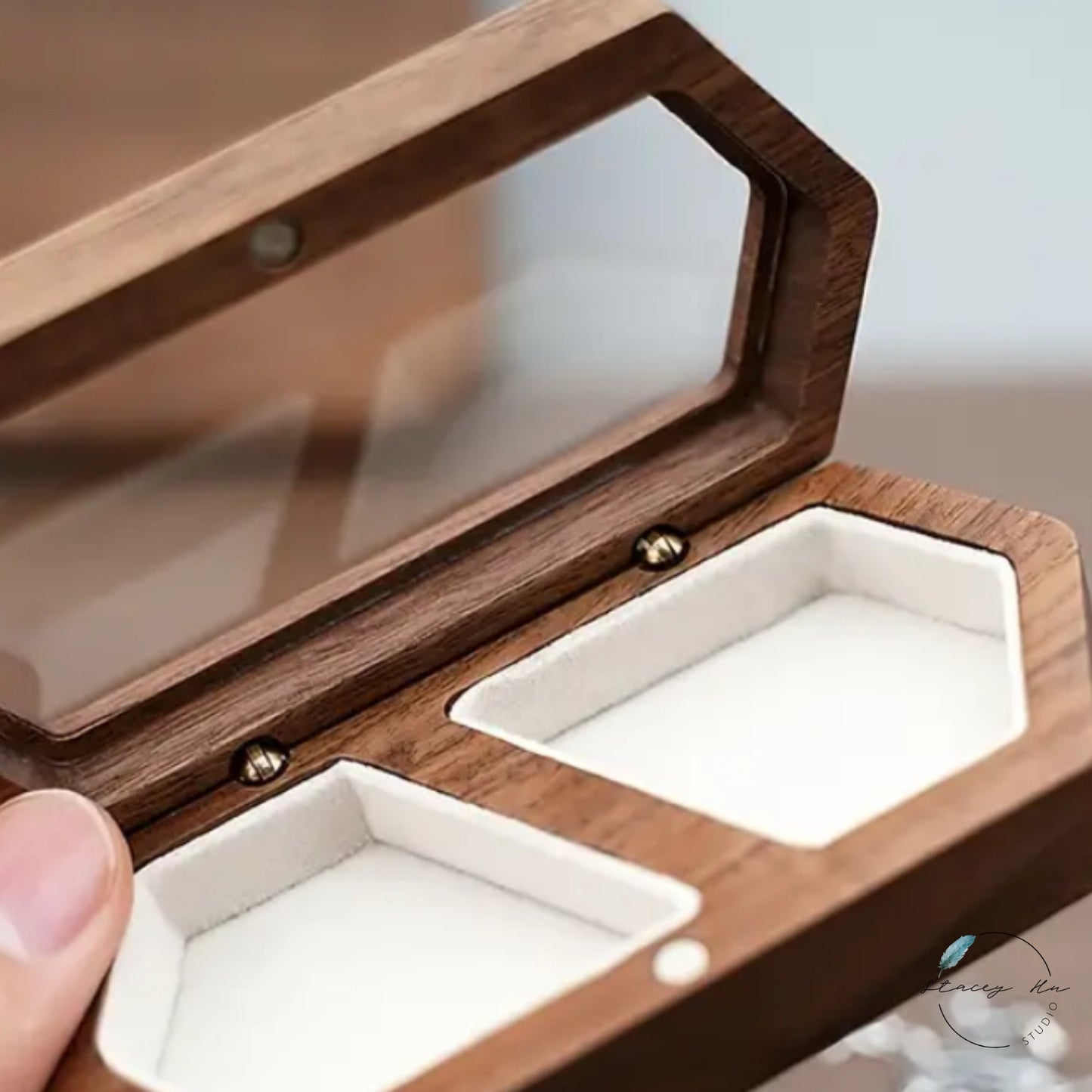 2-Slot Small Wooden Couple Wedding Ring Box | Add-On Vinyl Decal Text