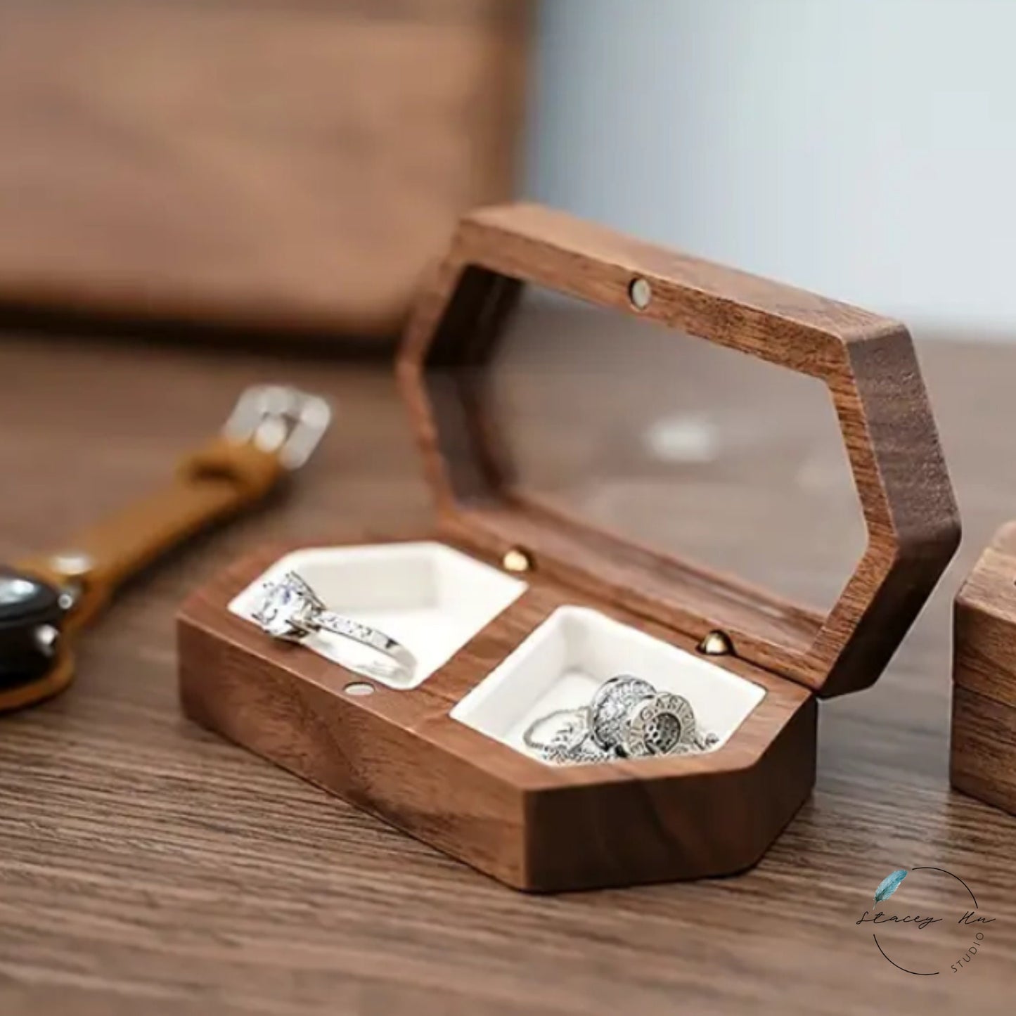 2-Slot Small Wooden Couple Wedding Ring Box | Add-On Vinyl Decal Text