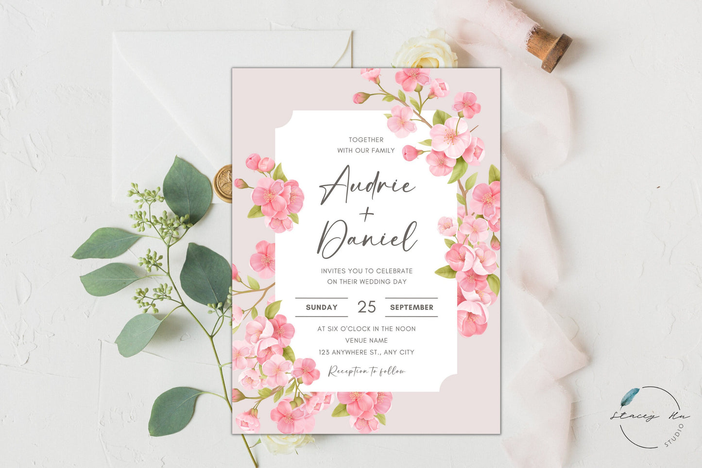 Pink Cherry Blossom Wedding Invitation | English & Engagement Photo | 5x7