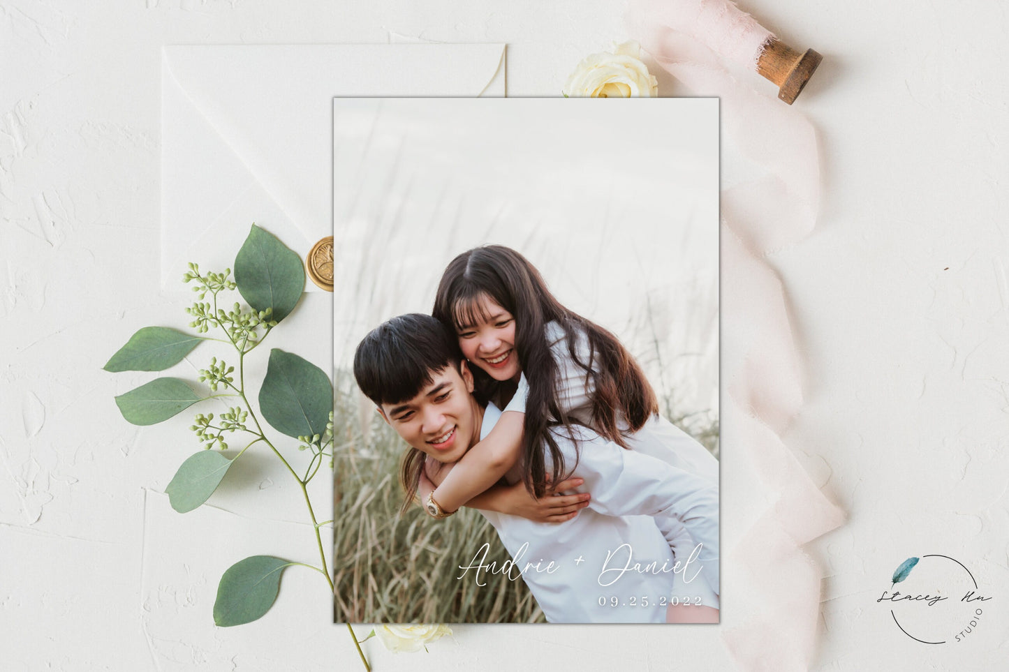Pink Cherry Blossom Wedding Invitation | English & Engagement Photo | 5x7