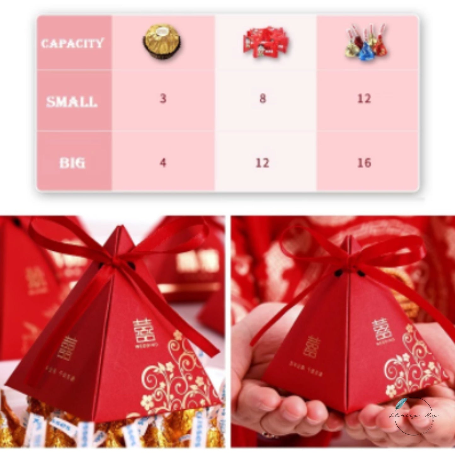 Red & Gold Asian Wedding Pyramid Party Favors Boxes | 2 Sizes | 3 Styles