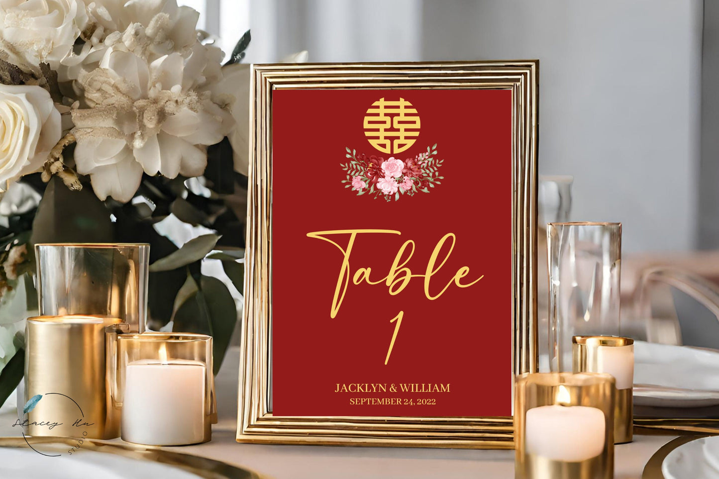 Red & Blush Simple Floral Asian Wedding Table Number | 4x6 IN | 2 Colors