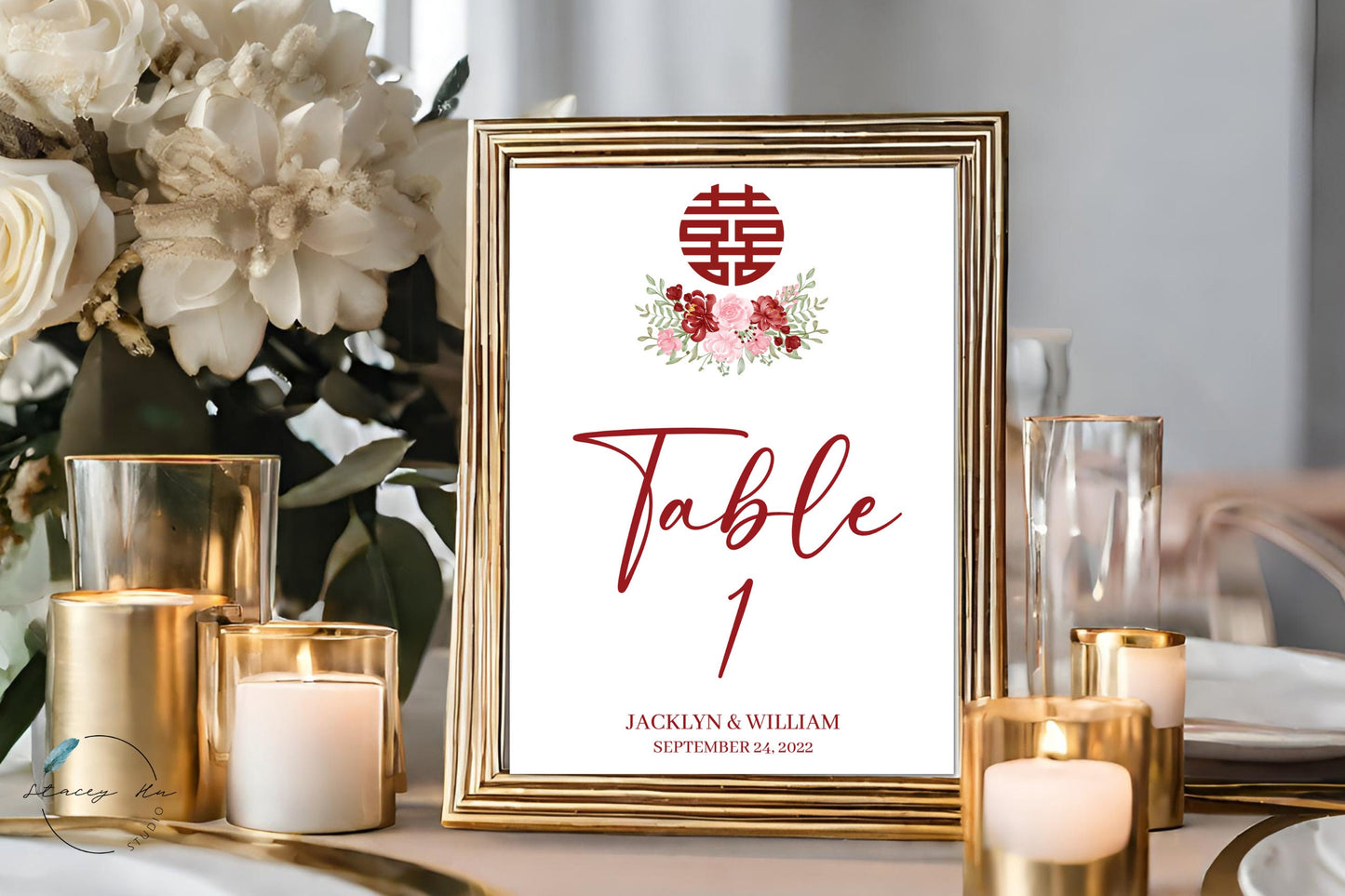 Red & Blush Simple Floral Asian Wedding Table Number | 4x6 IN | 2 Colors