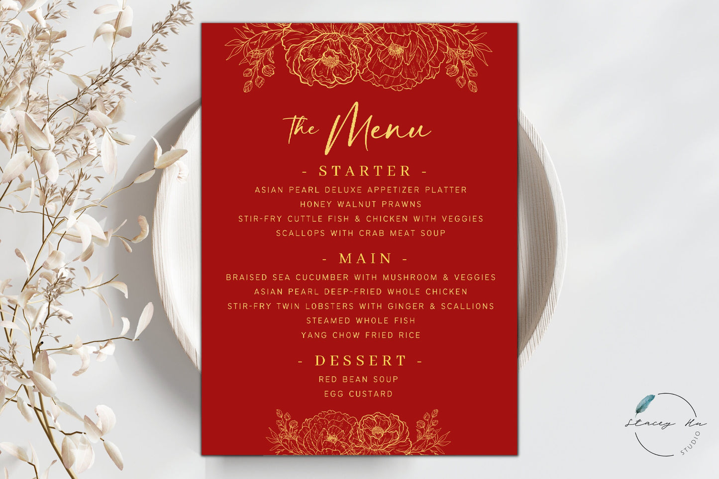 Red and Gold Lined Floral Menu | Plated | 5x7 IN | 2 Colors