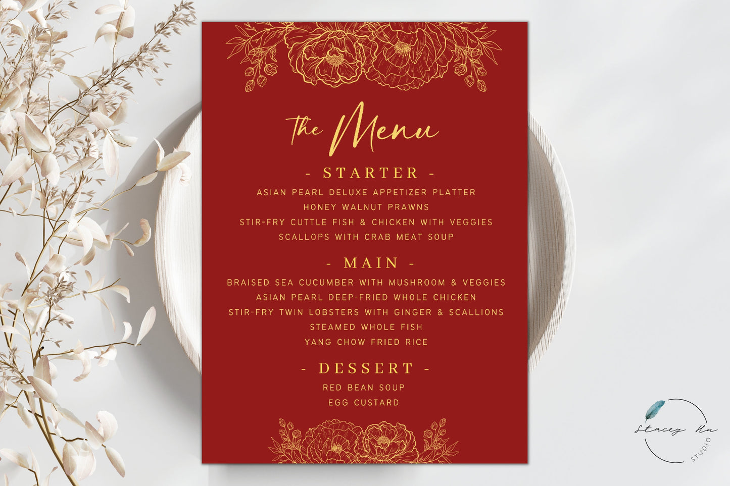 Red and Gold Lined Floral Menu | Plated | 5x7 IN | 2 Colors