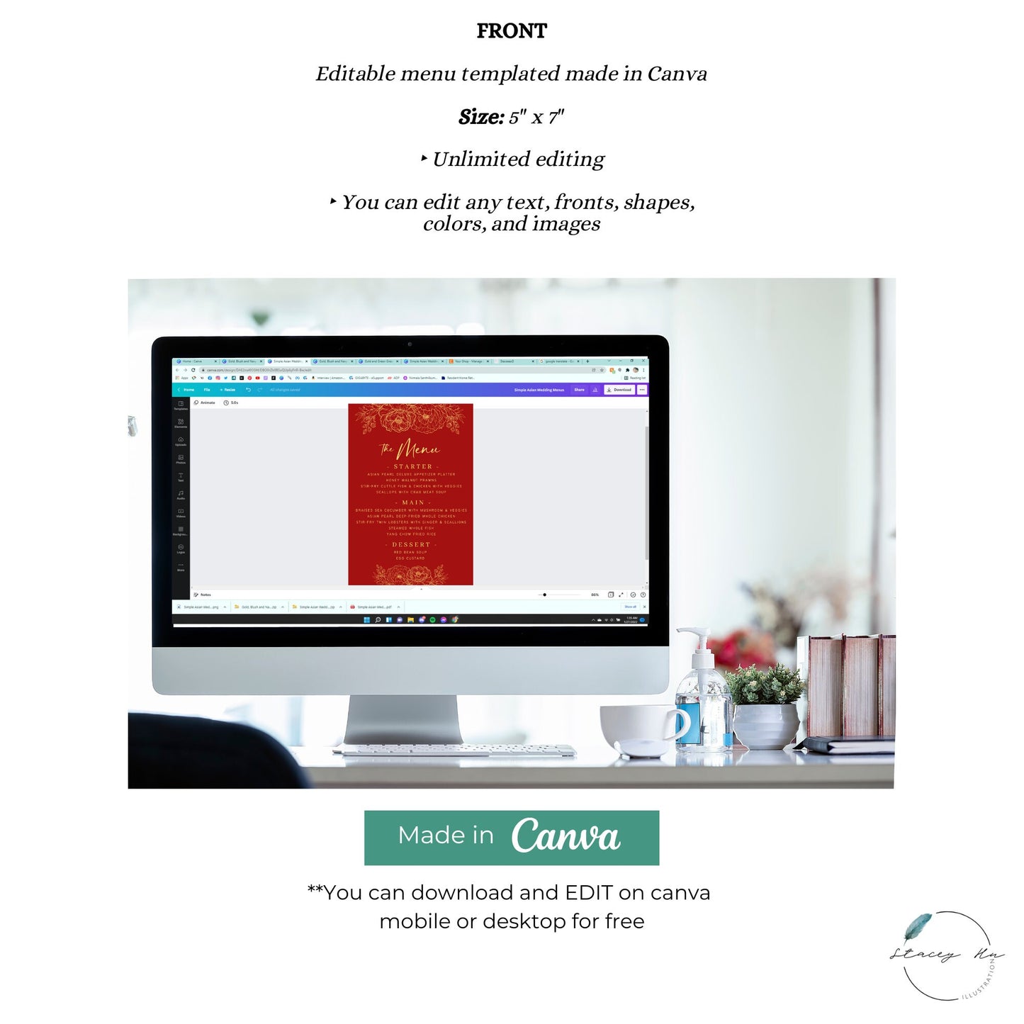 Red and Gold Lined Floral Menu | Plated | 5x7 IN | 2 Colors