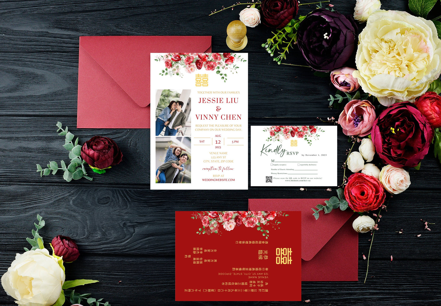 Red and Blush Greenery RSVP Card | Mail-in or Online | 3.5x5 IN