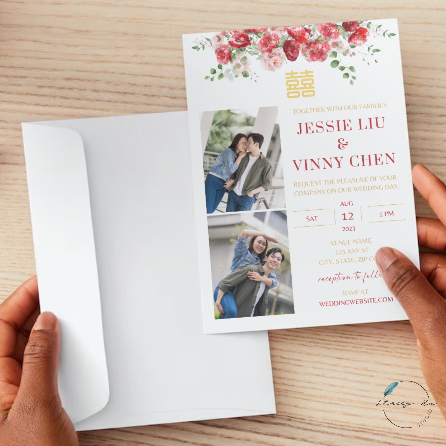 Red and Blush Greenery Wedding Invitation Set | Traditional Chinese & English | 5x7 IN