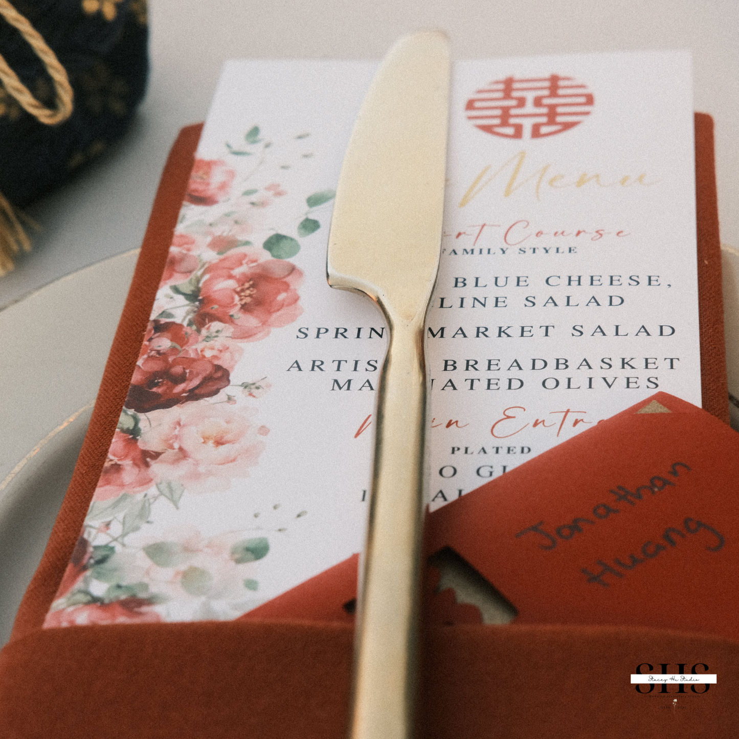 Red and Blush Greenery Wedding Menu Set | Chinese Banquet & Plated | 3.5.x7 IN