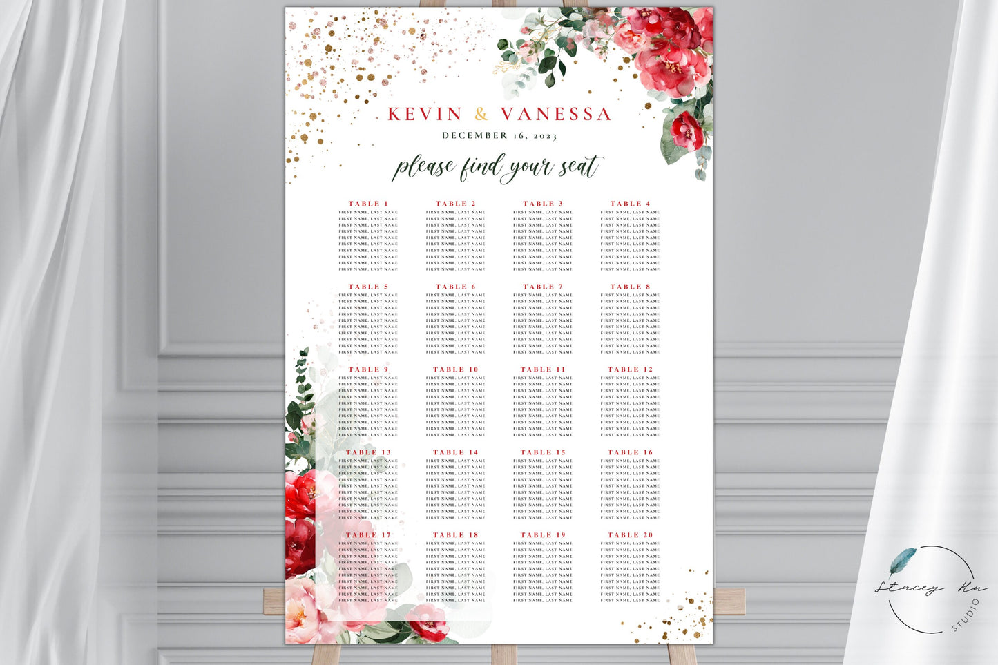 Red and Blush Greenery Wedding Seating Chart | Portrait | 24x36 IN