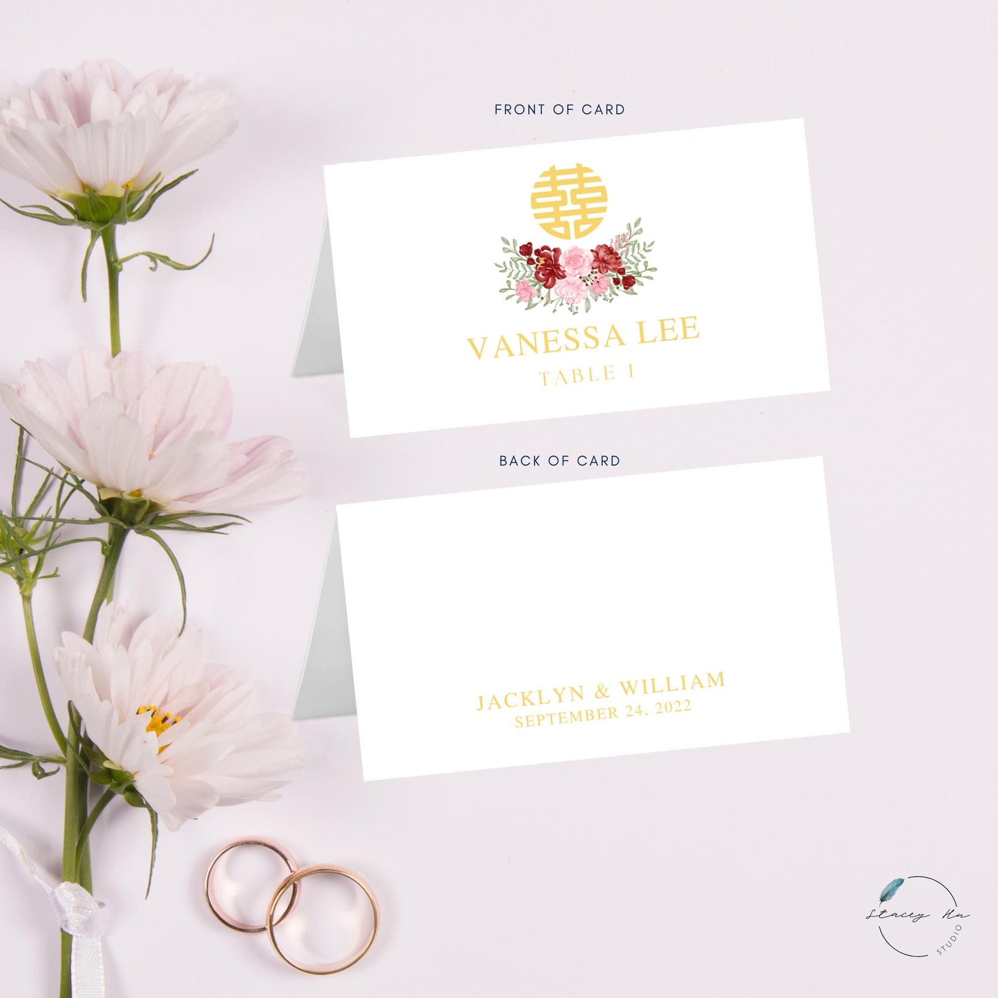 Red and Blush Simple Floral Asian Wedding Place Card | White | 3.5x4 IN