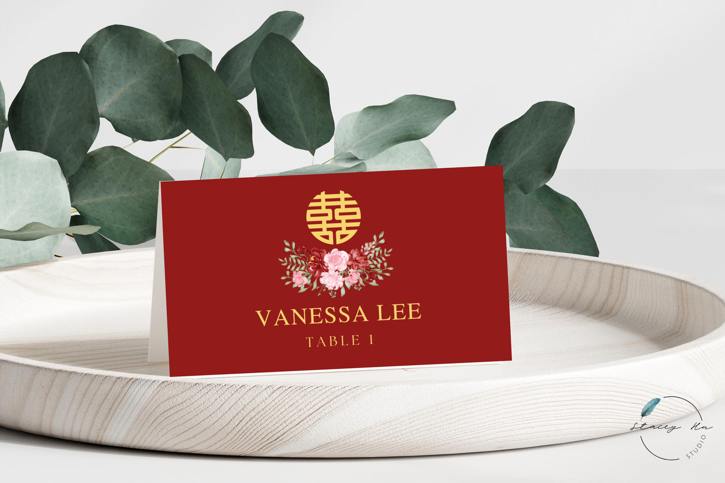 Red and Blush Simple Floral Asian Wedding Place Card | Red | 3.5x4 IN