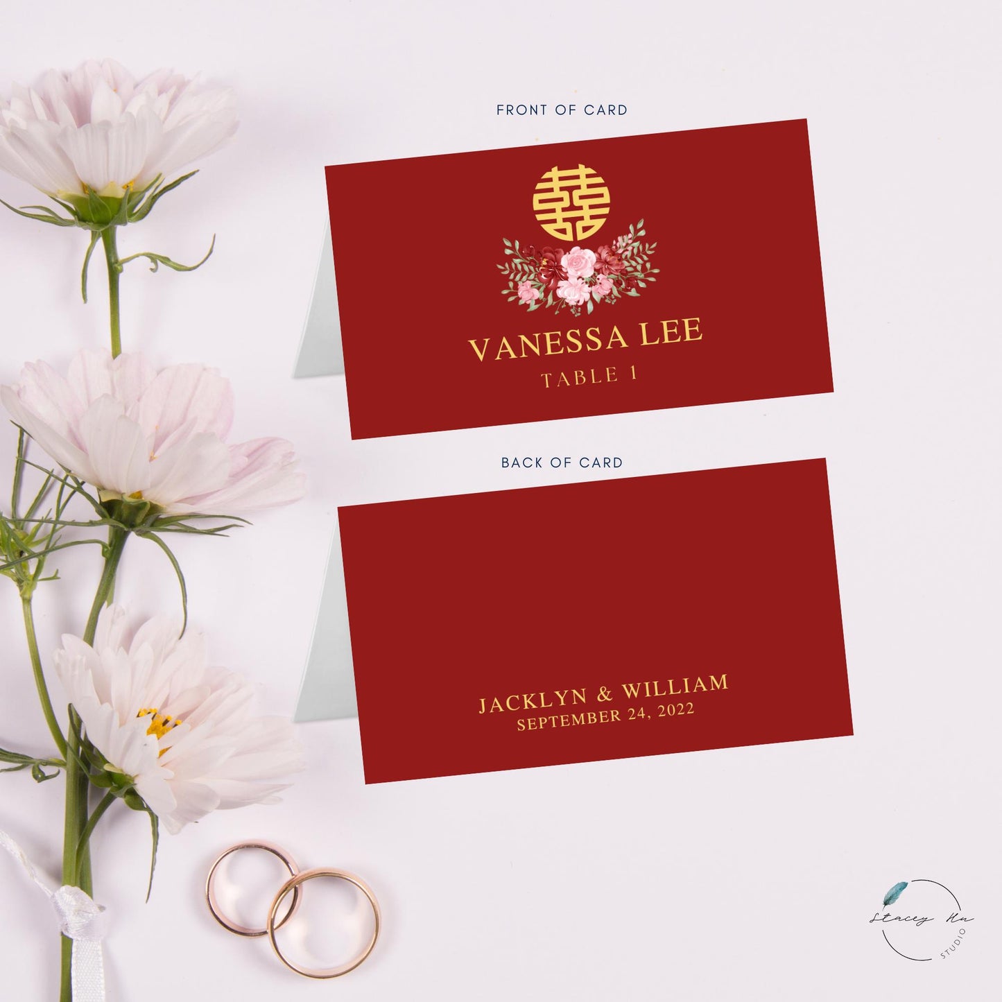 Red and Blush Simple Floral Asian Wedding Place Card | Red | 3.5x4 IN