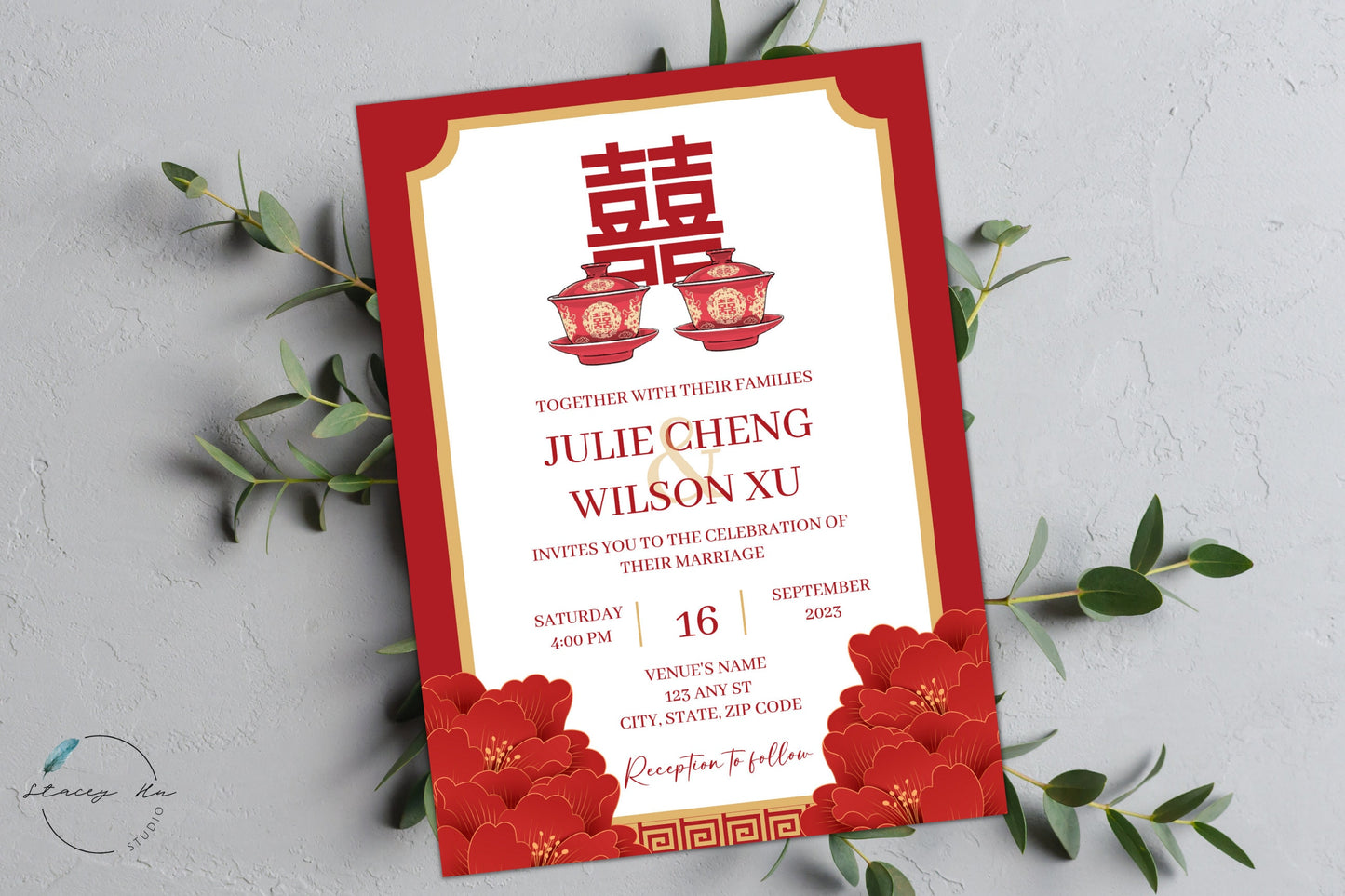 Red and Gold Tea Ceremony Wedding Invitation Set | Traditional Chinese & English | 5x7 IN