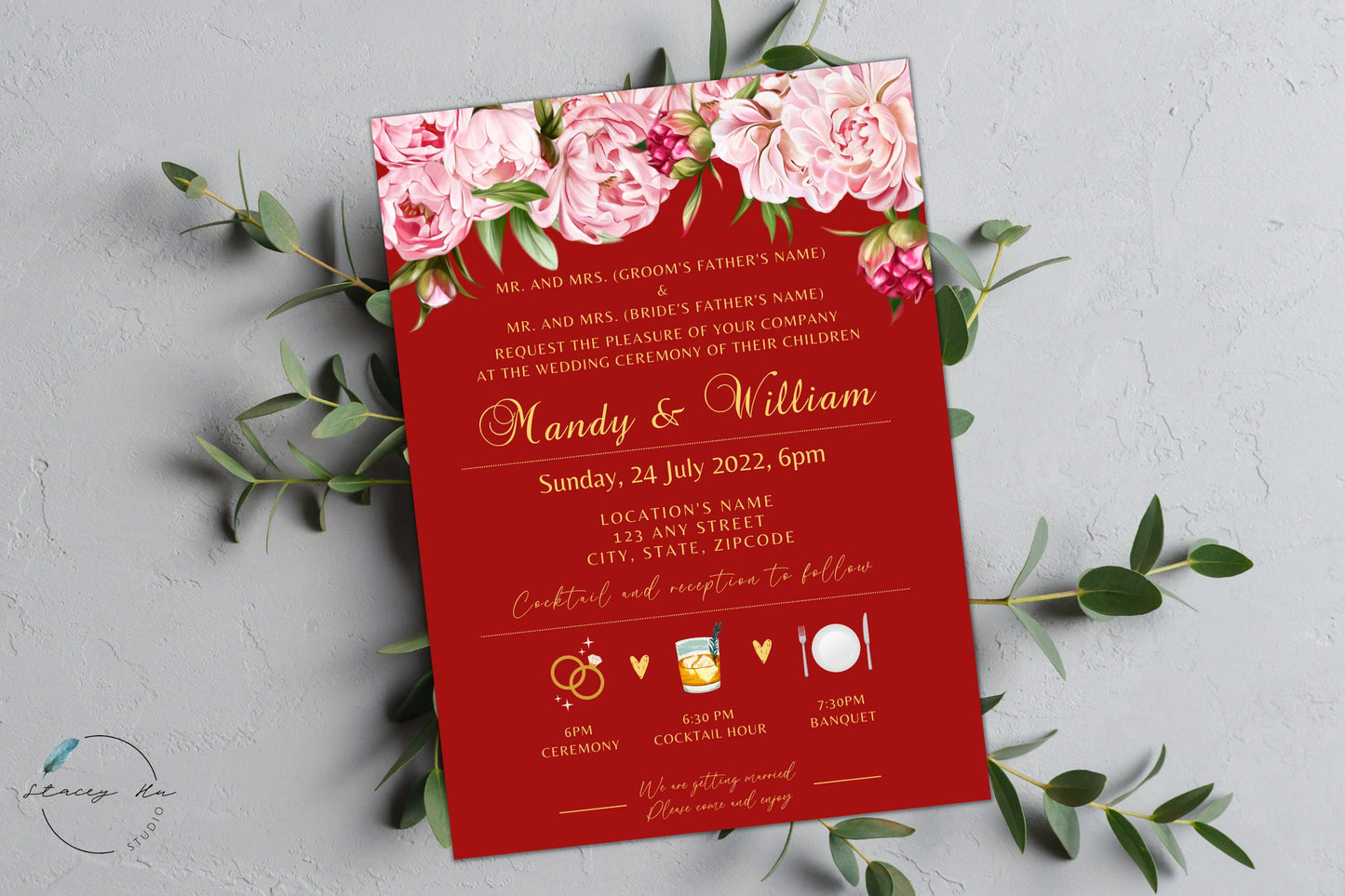 Rosy Blush Wedding Invitation Card Set | Traditional Chinese & English with Engagement Photo | 5x7 IN