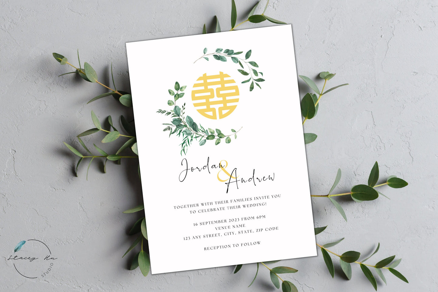 Simple Greenery Wedding Invitation Set | Traditional Chinese & English | 5x7 IN