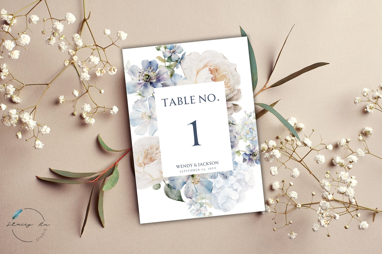 Soft Blue and Ivory Floral Table Number | 5x7 IN