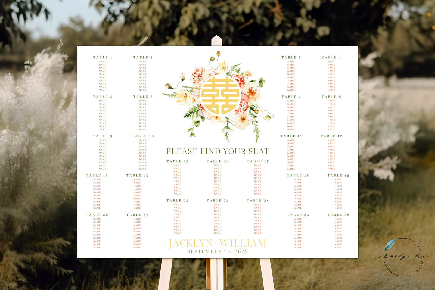 Sunny Field Floral Asian Wedding Seating Chart | Landscape | 18x24 IN