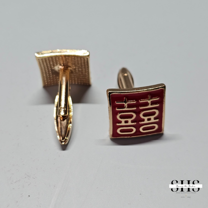 Square Double Happiness Cufflinks | Gold with Red Enamel