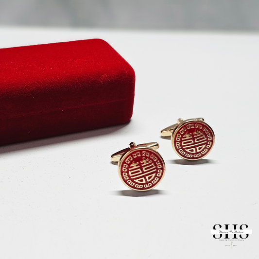 Round Double Happiness Cufflinks | Gold with Red Enamel
