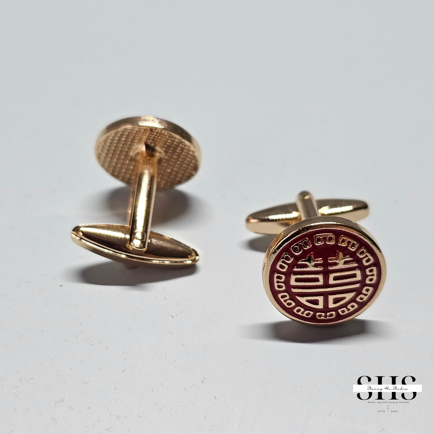 Round Double Happiness Cufflinks | Gold with Red Enamel