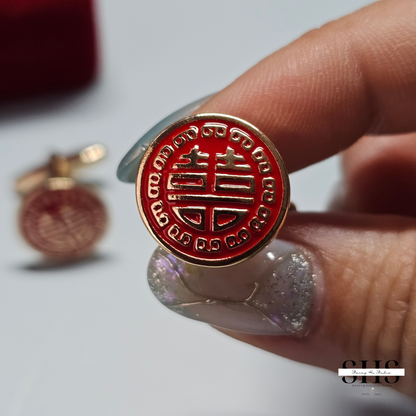 Round Double Happiness Cufflinks | Gold with Red Enamel