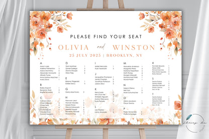 Boho Orange Floral Seating Chart | Alphabetical | Landscape | 18x24