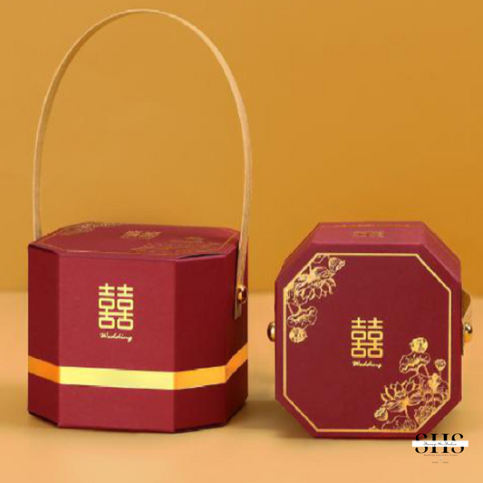 Burgundy and Gold Asian Wedding Octagon Party Favor Boxes | Small