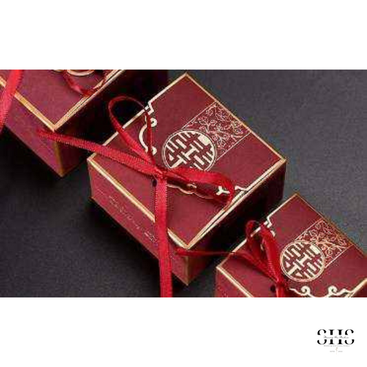Burgundy and Gold Asian Wedding Square Favors Boxes | 3 Sizes