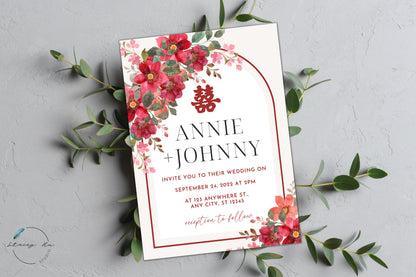 Cream and Red Floral Wedding Invitation Set | Traditional Chinese & English | 5x7 IN