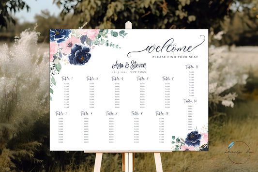 Gold Blush and Navy Floral Wedding Seating Chart Sign | Landscape | 18x24