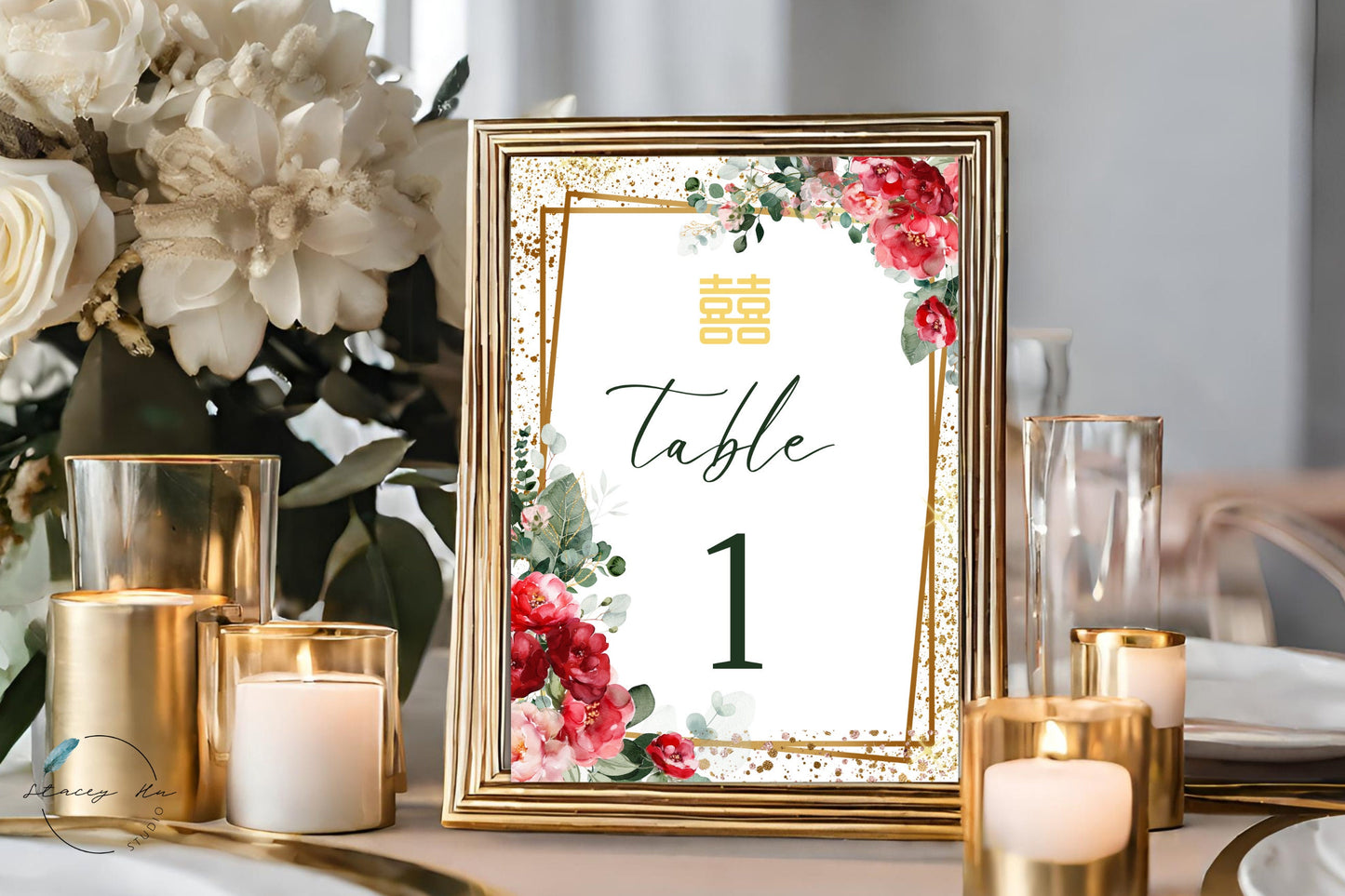 Gold Red and Blush Greenery Table Number | 5x7 IN