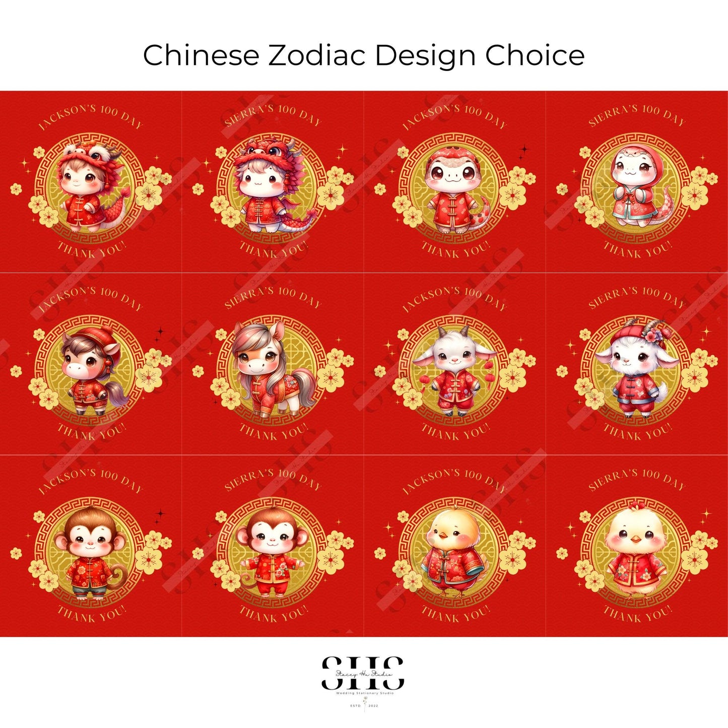 2-inch Round Customizable 100 Day Celebration Little Zodiac Party Tags | Red Egg & Ginger Party | Made-to-Order