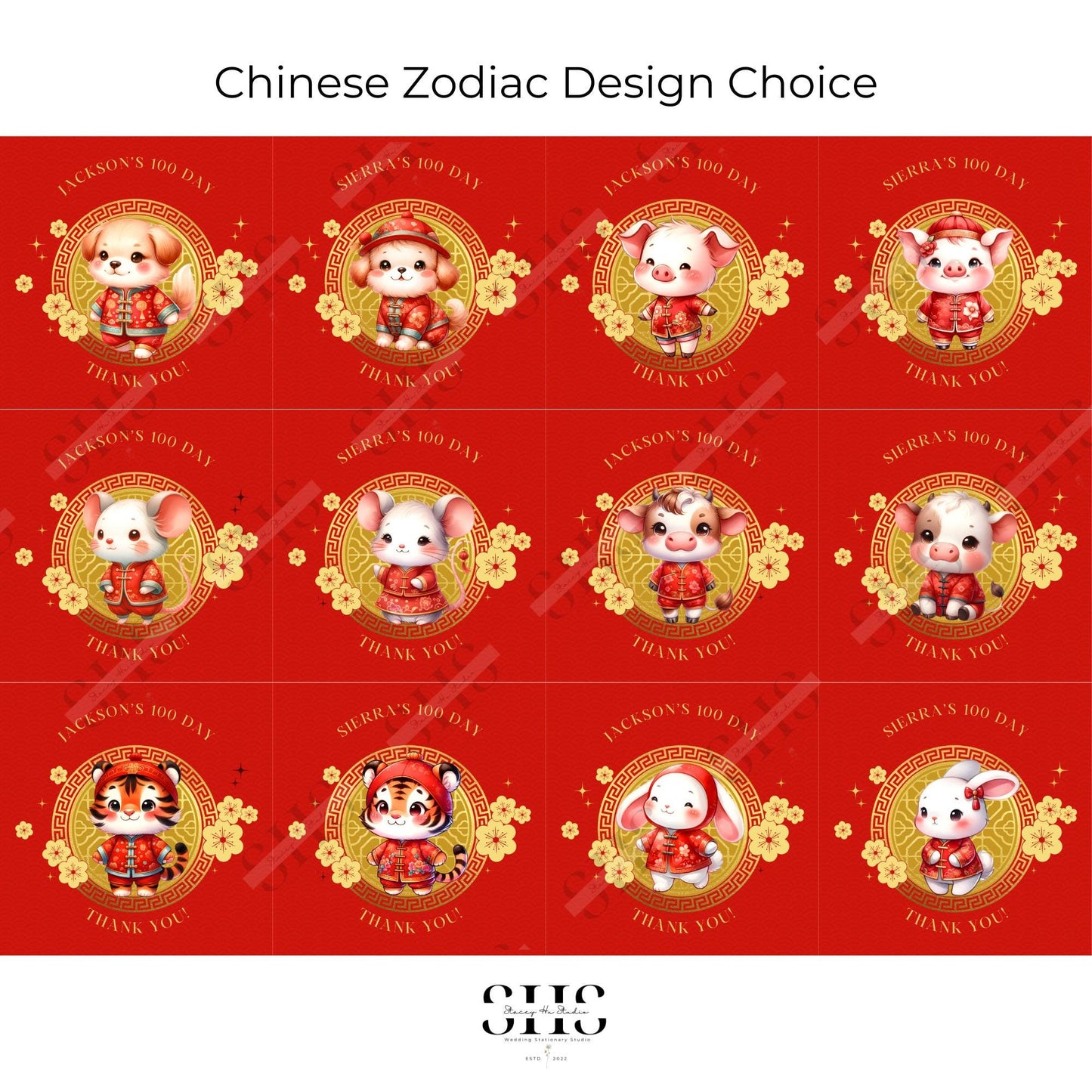 2-inch Round Customizable 100 Day Celebration Little Zodiac Party Tags | Red Egg & Ginger Party | Made-to-Order