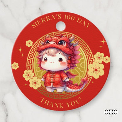 2-inch Round Customizable 100 Day Celebration Little Zodiac Party Tags | Red Egg & Ginger Party | Made-to-Order