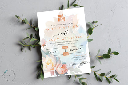 Lush Peony Garden Wedding Invitation Set | Traditional Chinese & English | 5x7 IN