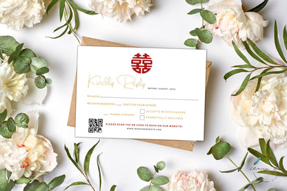 Minimal Asian Wedding RSVP Card | Mail-in or Online | 5.8x4.1 IN